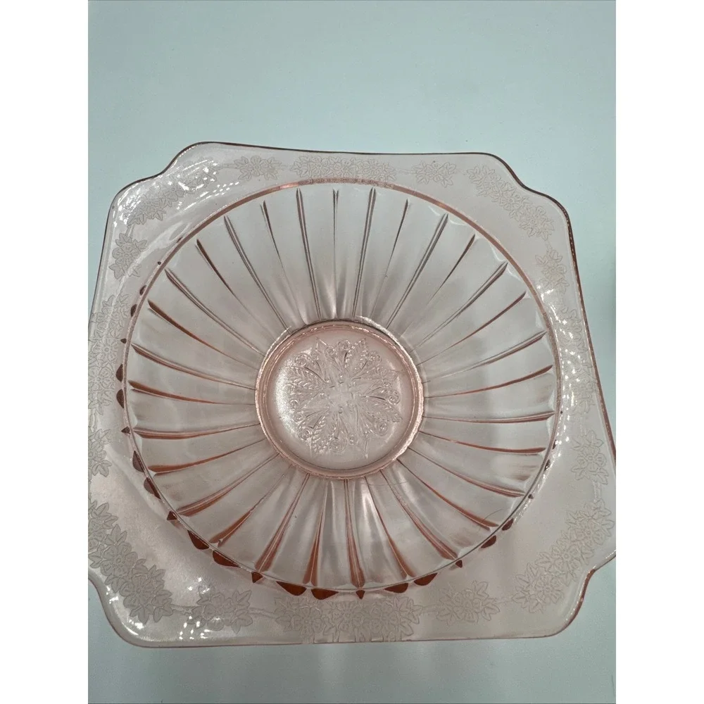 Jeannette Glass Adam Pink Depression Glass Square Scalloped‎ Ribbed Floral Bowl
